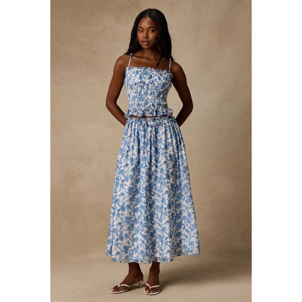 Lulus Denarius White And Blue Leaf Print Two-piece Midi Dress - Size L